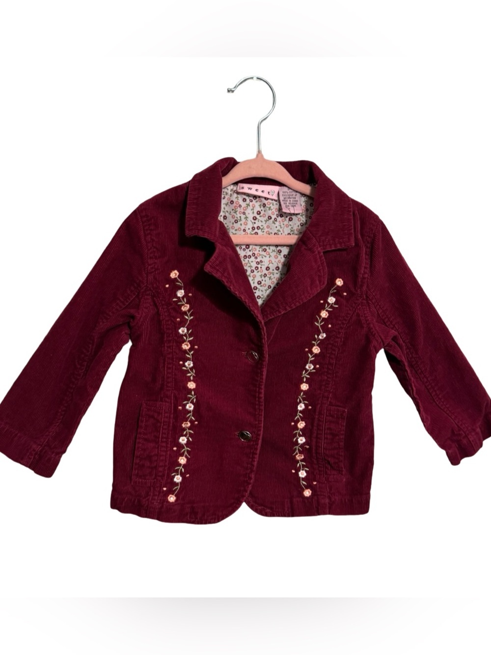 Y2K Sweet Maroon Corduroy Embroidered Floral Jacket Girls Size 3T